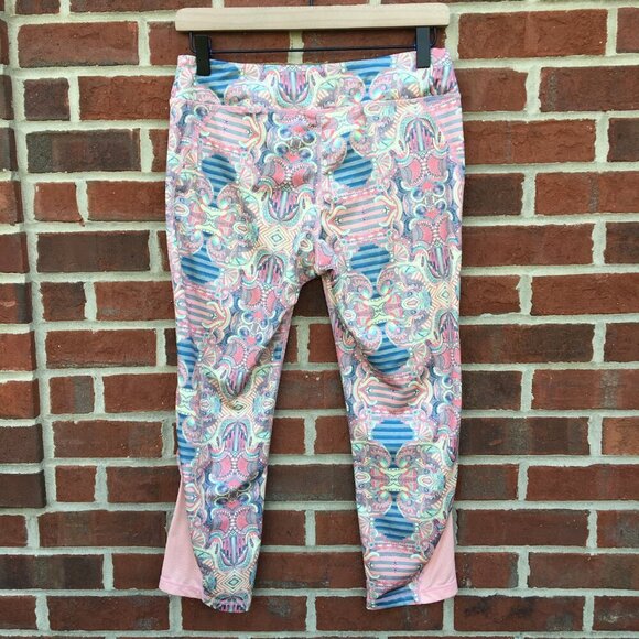 Roxy Athletic Capri Leggings Large Pink Print Hidden Waist Pocket - Picture 2 of 7